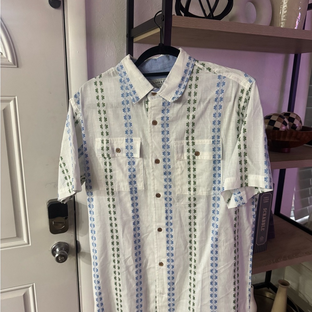 Men's White Shirt with Blue and Green Pattern